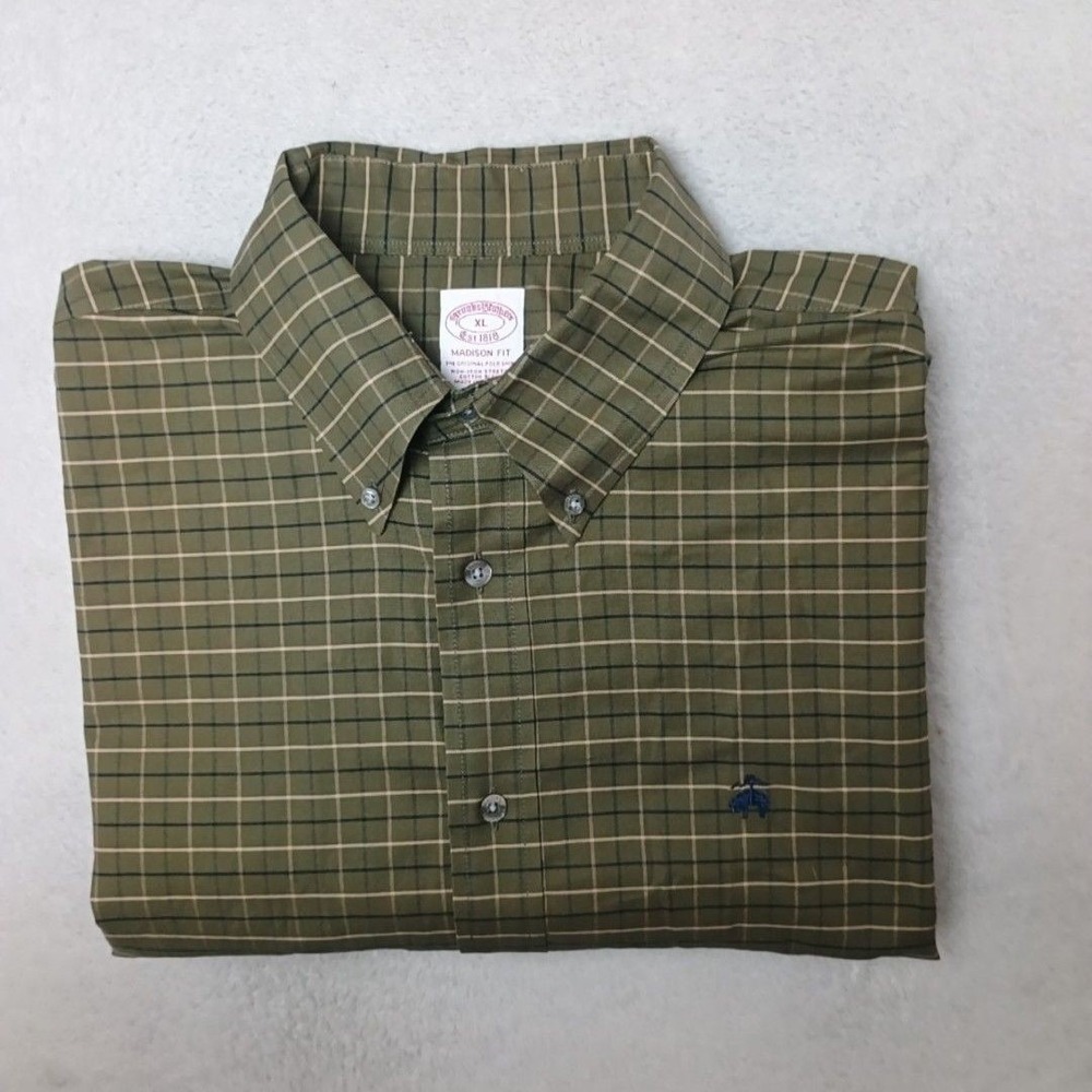 Brooks Brothers Shirt Mens XL Green Plaid Button Down Cotton Blend Non-Iron Work
